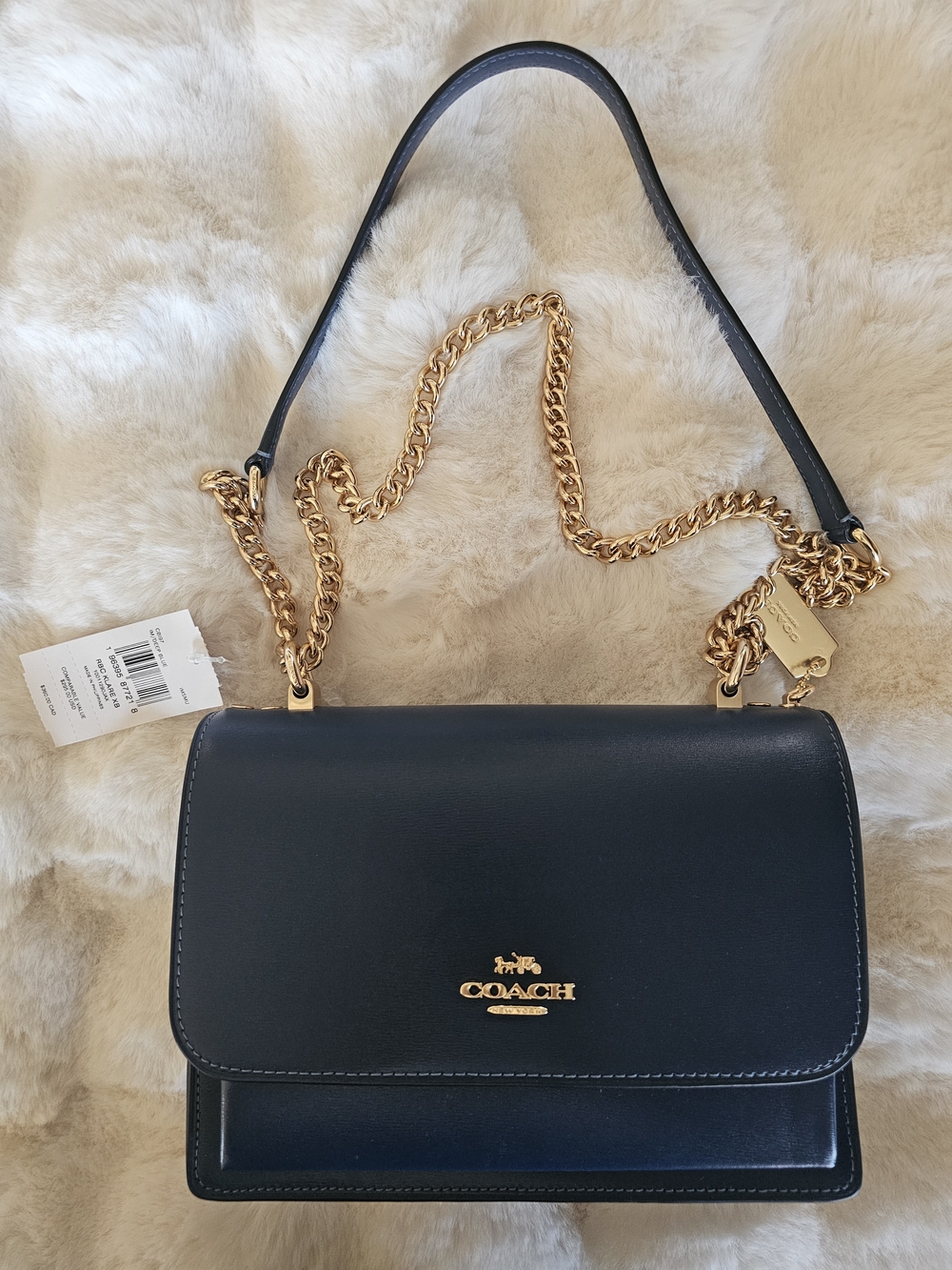 COACH NWT Klare Deep Blue Leather Flap Shoulder Bag with Gold Chain